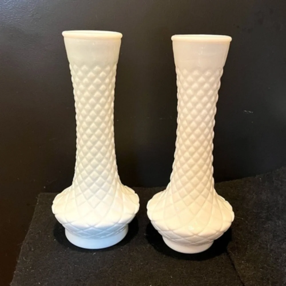 Vintage Diamond Patterned Milk Glass Vases Set of Two
